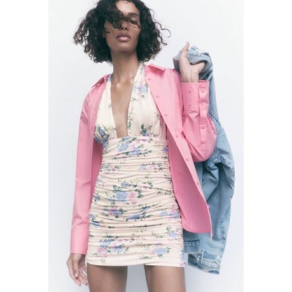 NWT Zara Blogger’s Favorite TikTok Famous Pale Pink Floral Print Halter Dress - Picture 3 of 16